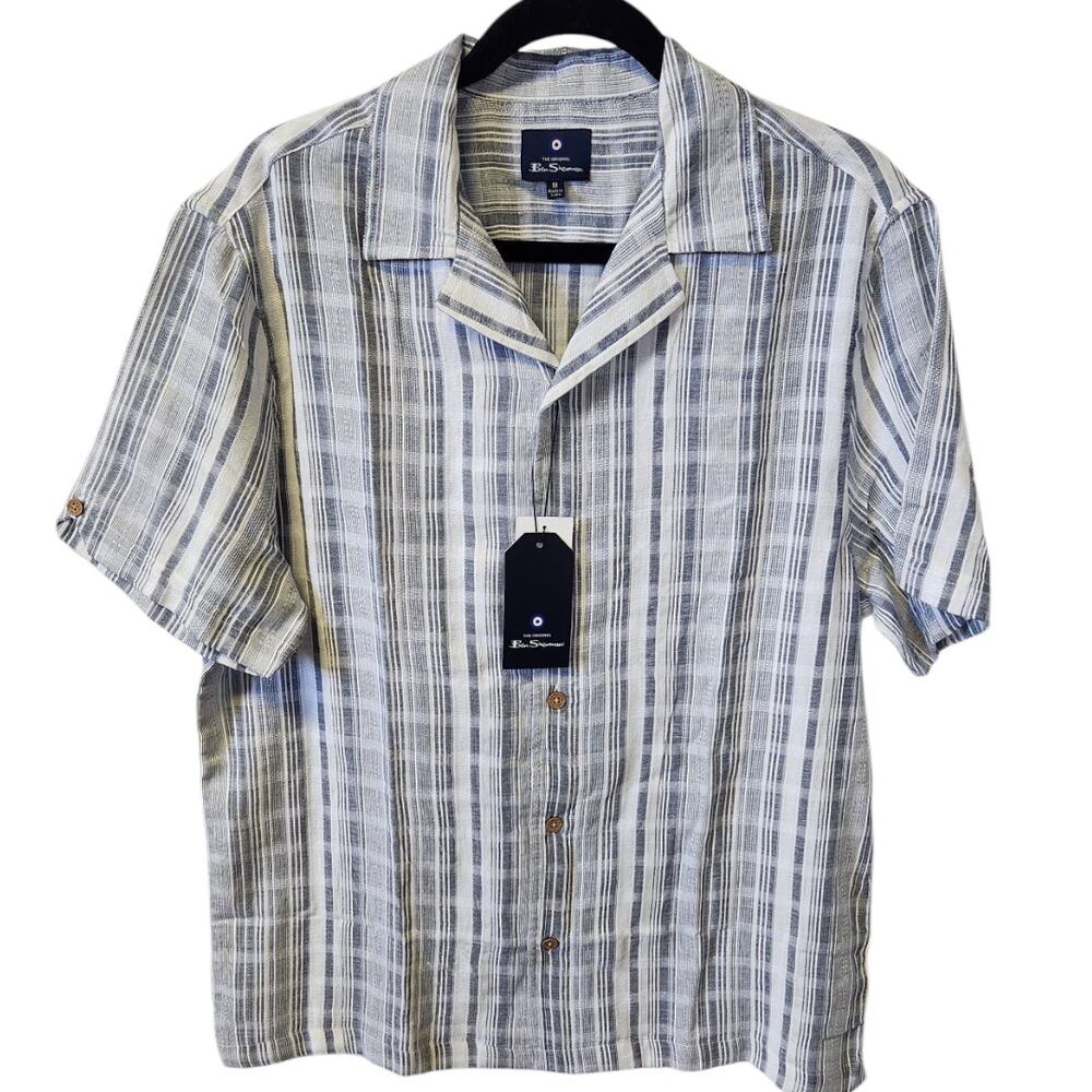 Ben Sherman Blue White Striped Lighweight Cotton Short Sleeve Shirt Men Med NWT